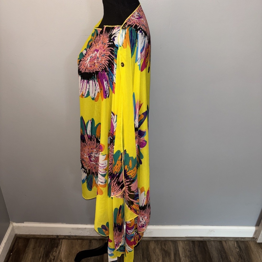 Yellow Vibrant Floral Sheer Kimono Swimwear Coverup One Size Resortwear Artsy - Picture 2 of 5